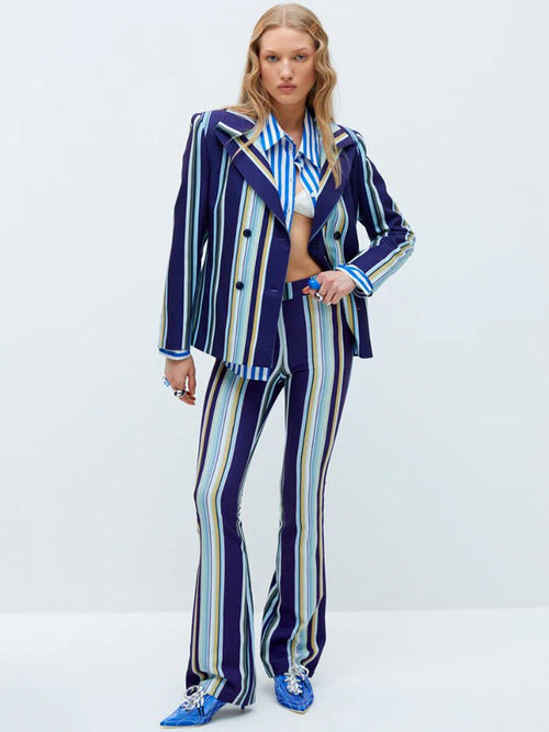 Blue Navy Stripped Suit Loose Blazer + Fitted  Flare Trousers Pants Suit