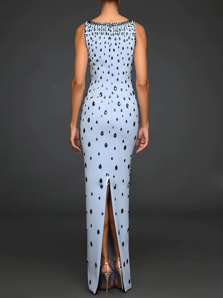 Blue Beaded Rhinestone Bodycon Maxi Dress Sleeveless Gown