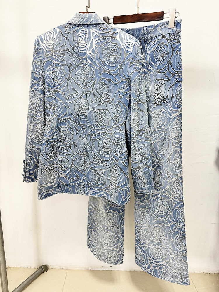 Women’s Floral Denim Suit Set – Vintage Rose Embossed Blazer & Wide Leg Pants Matching Set | Elegant Two Piece Denim Outfit