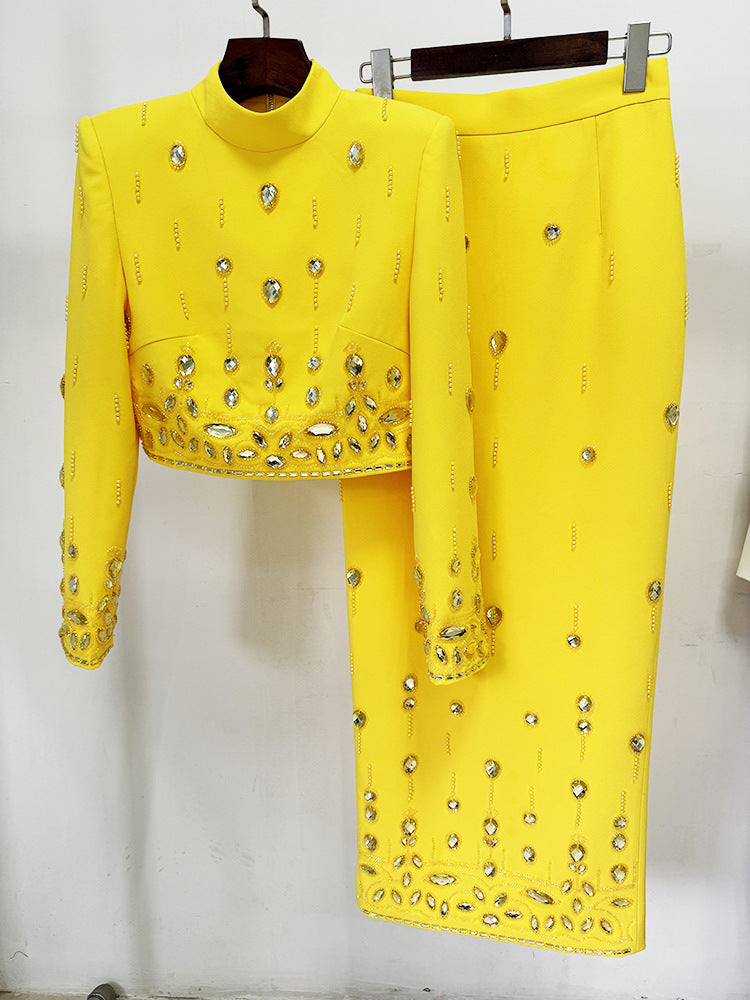 Women Luxury Big jewellery Crop Top + Long Skirt Skirt Suit Yellow, White, Black