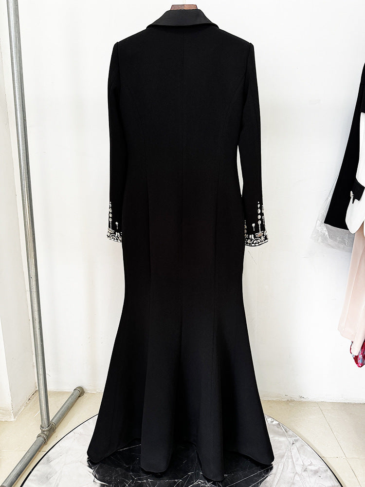 Women Maxi Fishtail Dress Gown Black with Luxury Hand Sewn Diamonds Jewellery