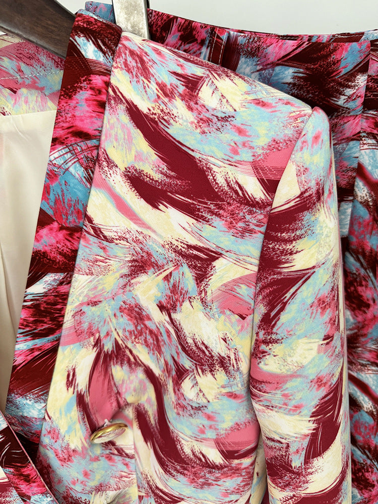 Women's Hot Pink Feather Floral 3/4 Sleeves  Jacket + Flare Trousers Pants Suit