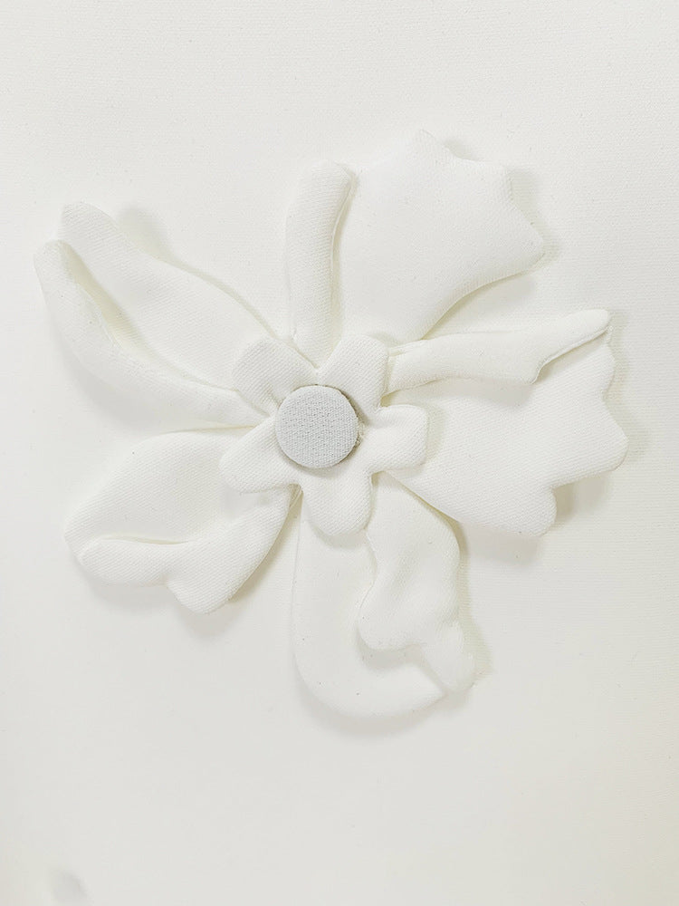 White 3D Flowers Embroidery Crop Top + Long Flare Skirt Suit