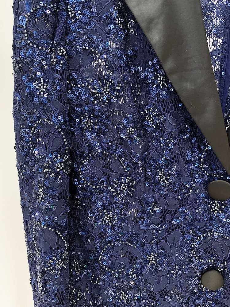 Women Sequinned Mesh Lace Bohemian Style+ Flare Trousers Pants Navy Suit
