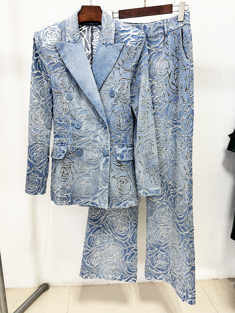 Women’s Floral Denim Suit Set – Vintage Rose Embossed Blazer & Wide Leg Pants Matching Set | Elegant Two Piece Denim Outfit