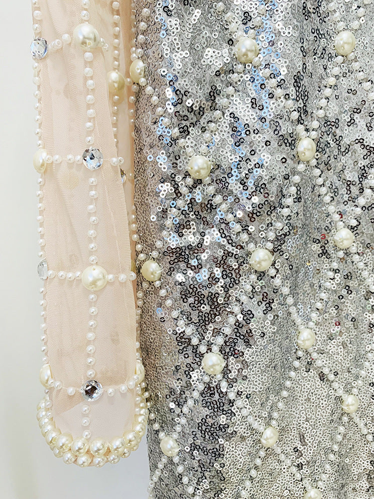 Glamours Pearls Sequinned Silver Mini Sexy Dress with Mesh Shoulder