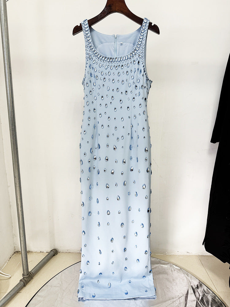 Blue Beaded Rhinestone Bodycon Maxi Dress Sleeveless Gown