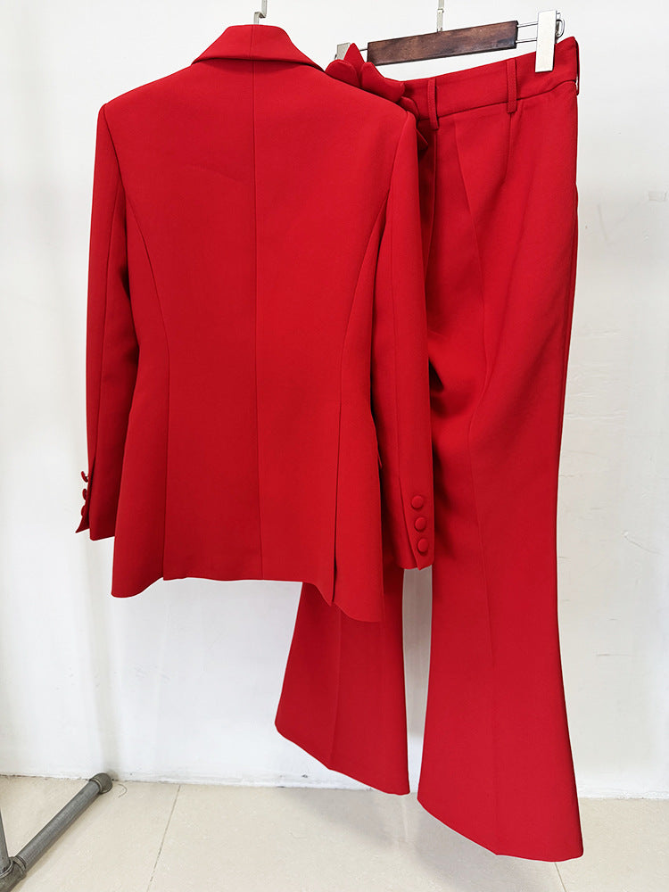 Red Women’s 2-Piece Suit – 3D Floral Blazer Jacket & Flared Trousers Pants Suit