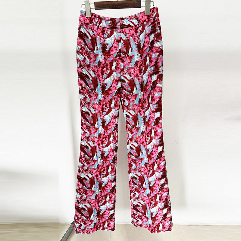 Women's Hot Pink Feather Floral 3/4 Sleeves  Jacket + Flare Trousers Pants Suit