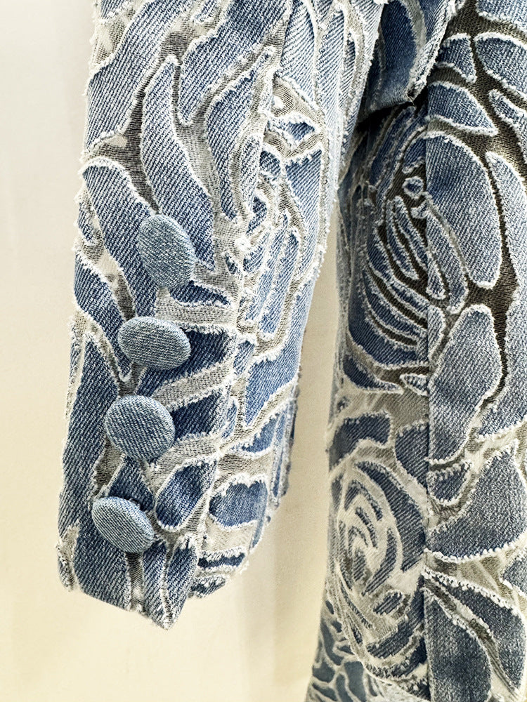 Women’s Floral Denim Suit Set – Vintage Rose Embossed Blazer & Wide Leg Pants Matching Set | Elegant Two Piece Denim Outfit