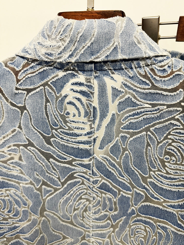 Women’s Floral Denim Suit Set – Vintage Rose Embossed Blazer & Wide Leg Pants Matching Set | Elegant Two Piece Denim Outfit