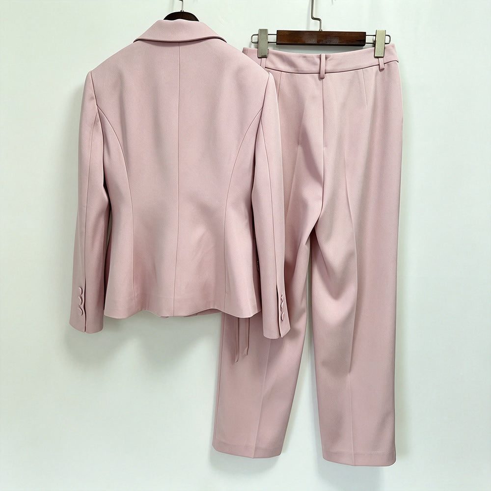 Pink Floral Embroidered Women’s Suit – Elegant Blazer and Trousers Set