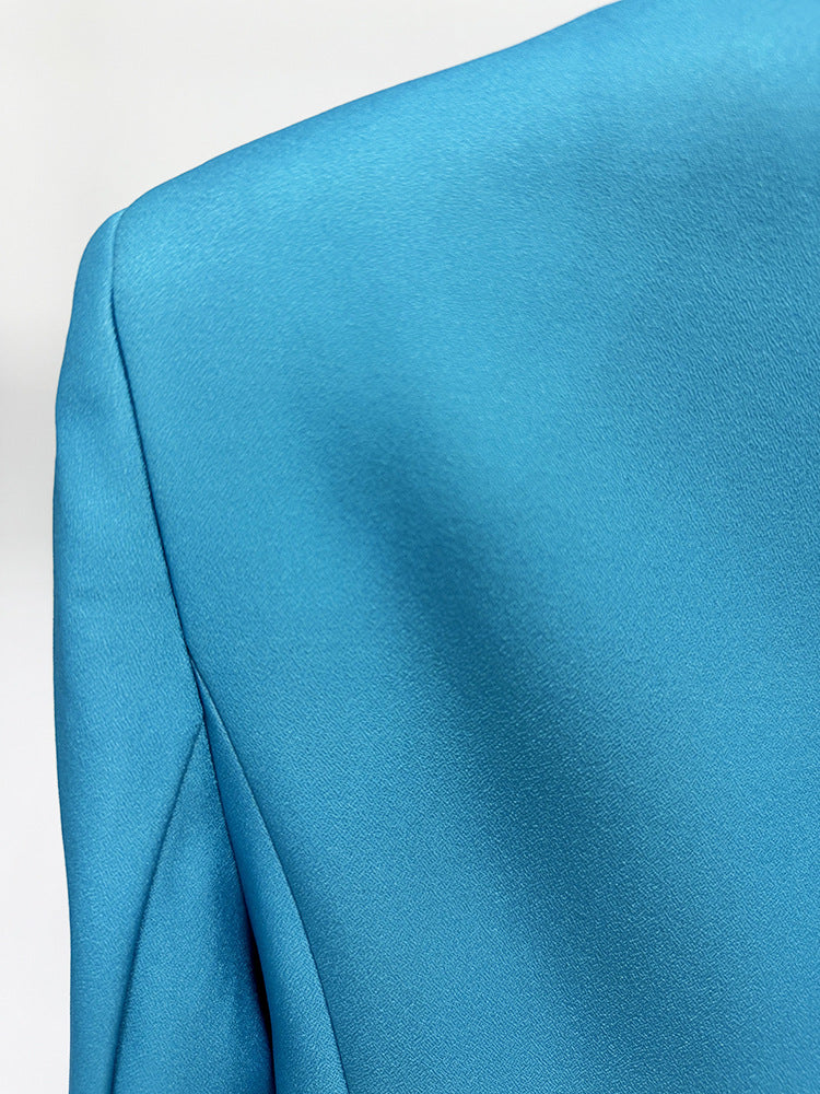 Women Pants Suit Blue 3D Flower Fitted Blazer + Flare Trousers Pants Suit