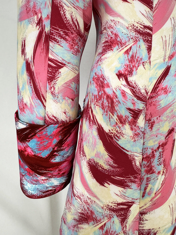 Women's Hot Pink Feather Floral 3/4 Sleeves  Jacket + Flare Trousers Pants Suit