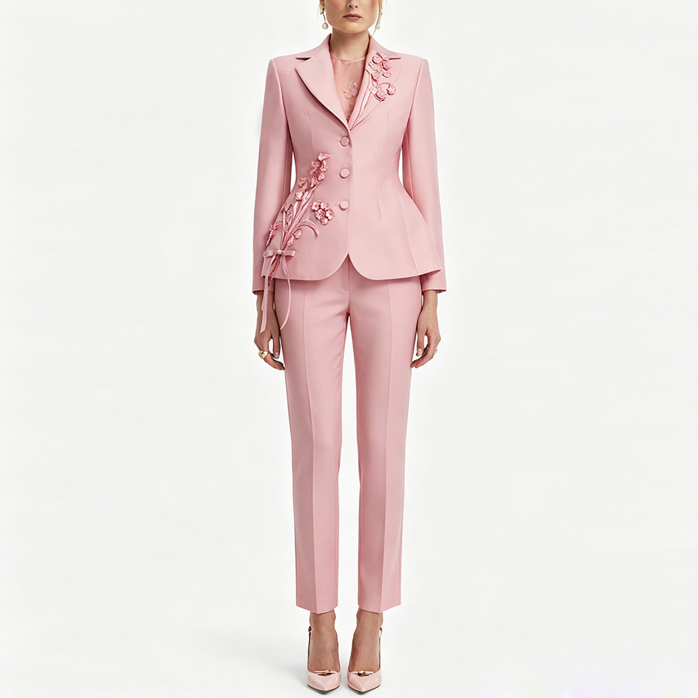 Pink Floral Embroidered Women’s Suit – Elegant Blazer and Trousers Set