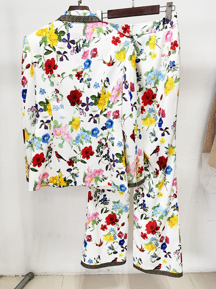 Designer Inspired Floral White Blazer & Pants Trousers Set Suit