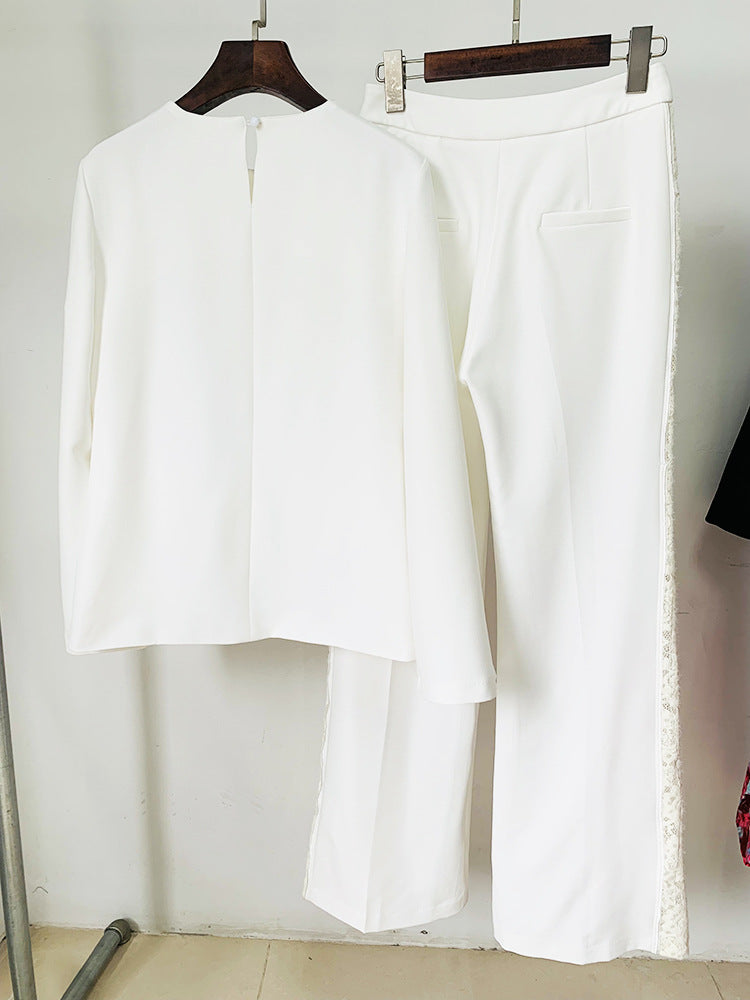 Women White Pants Suit Lace Cut Out Decor Top + Flare Trousers