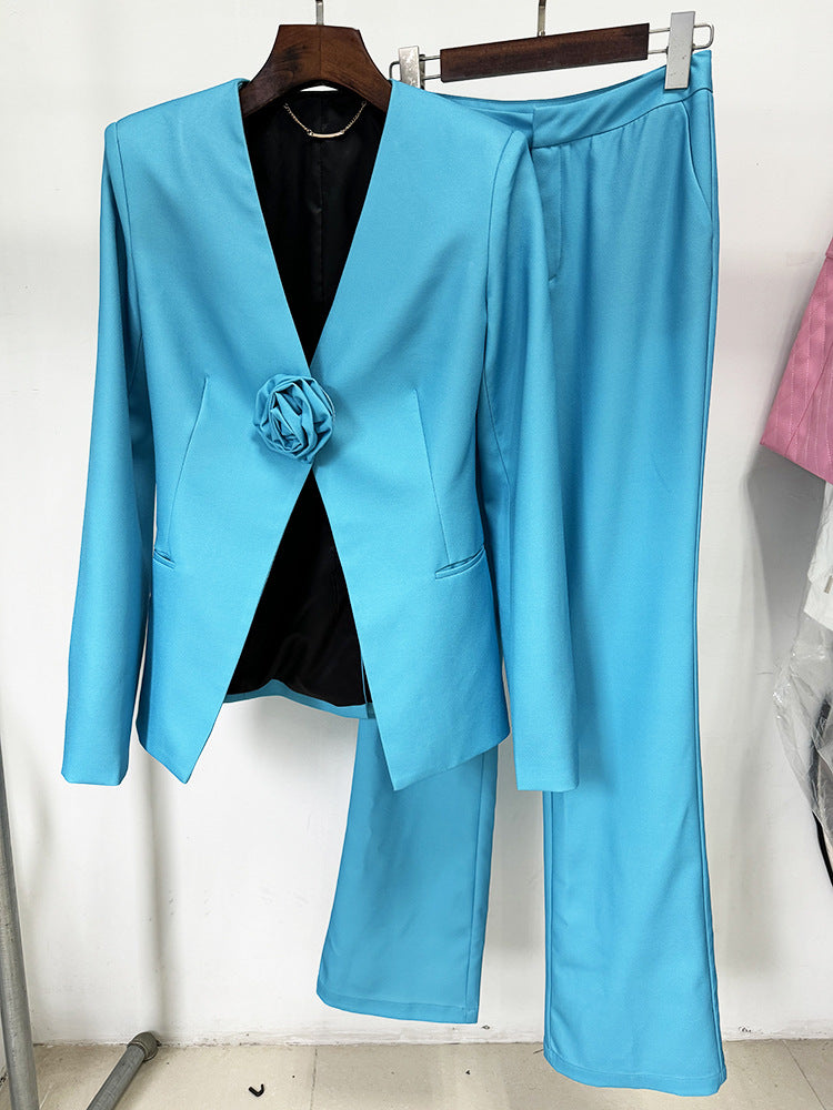 Women Pants Suit Blue 3D Flower Fitted Blazer + Flare Trousers Pants Suit