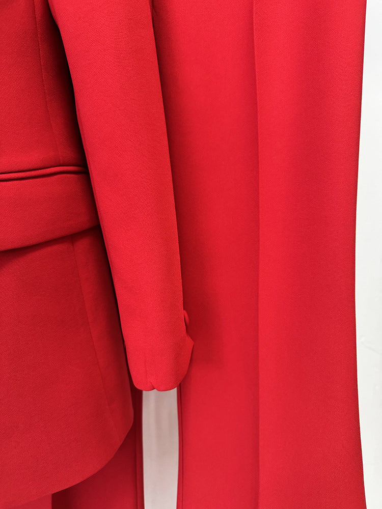 Red Women’s 2-Piece Suit – 3D Floral Blazer Jacket & Flared Trousers Pants Suit