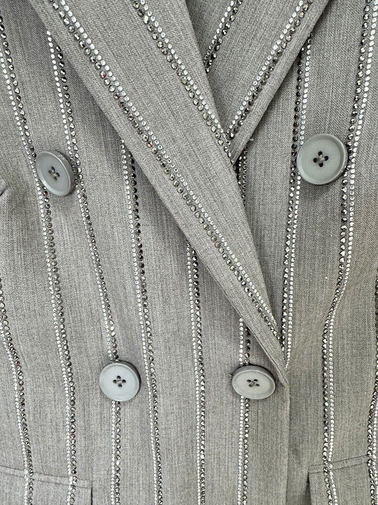 Grey Loose Fit Blazer + Wide Leg Trousers Pants Suit with Rhinestone