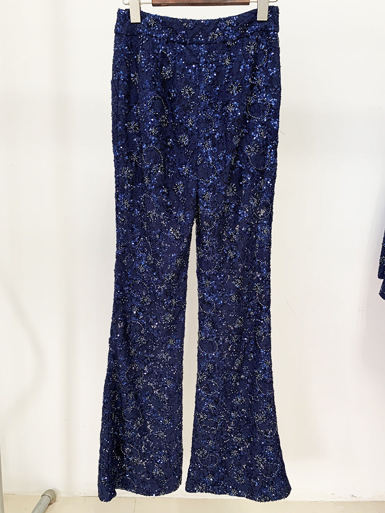 Women Sequinned Mesh Lace Bohemian Style+ Flare Trousers Pants Navy Suit
