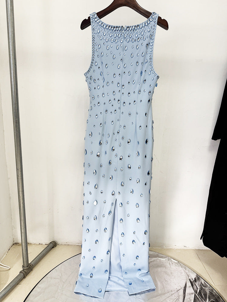Blue Beaded Rhinestone Bodycon Maxi Dress Sleeveless Gown