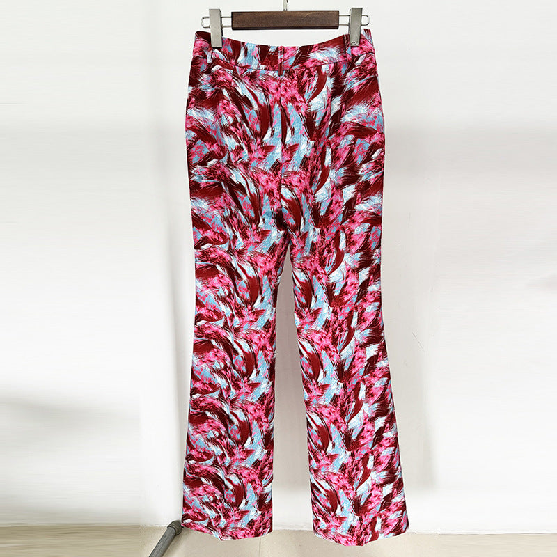 Women's Hot Pink Feather Floral 3/4 Sleeves  Jacket + Flare Trousers Pants Suit