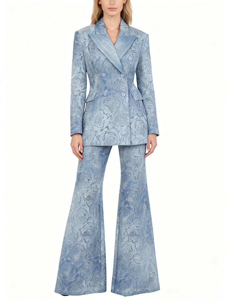 Women’s Floral Denim Suit Set – Vintage Rose Embossed Blazer & Wide Leg Pants Matching Set | Elegant Two Piece Denim Outfit