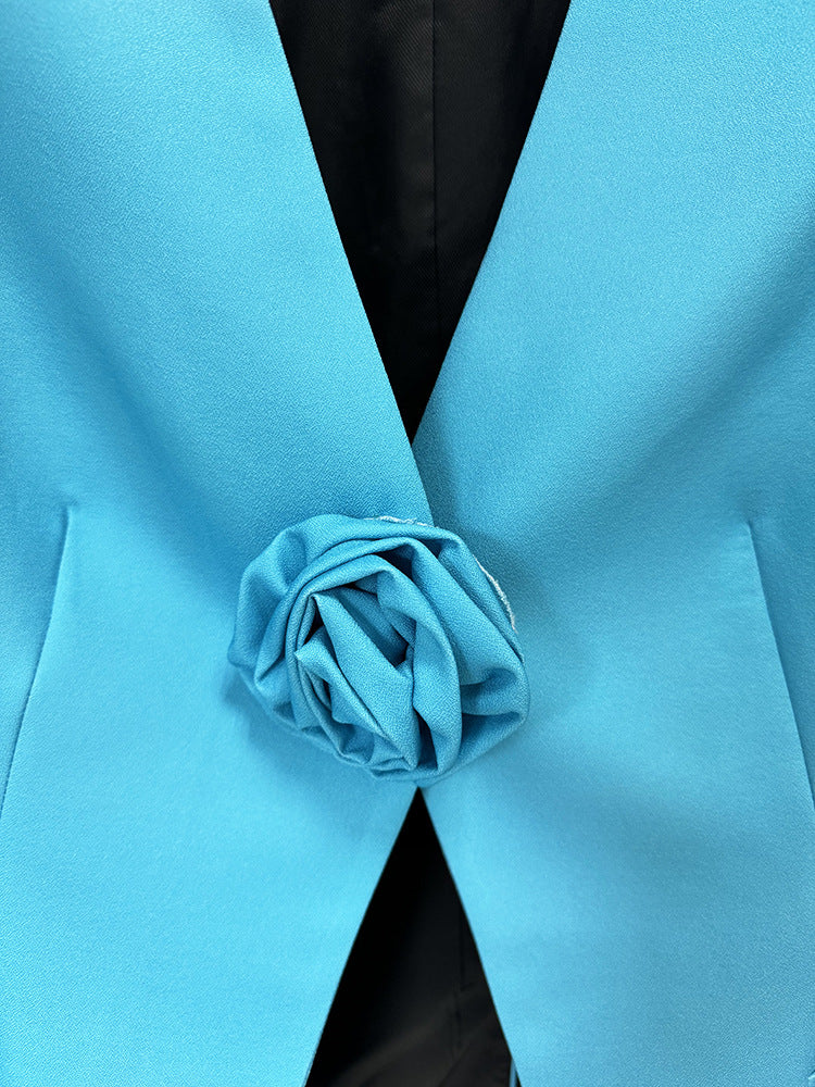 Women Pants Suit Blue 3D Flower Fitted Blazer + Flare Trousers Pants Suit