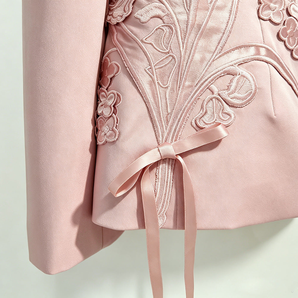 Pink Floral Embroidered Women’s Suit – Elegant Blazer and Trousers Set