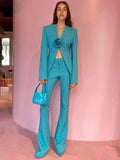 Women Pants Suit Blue 3D Flower Fitted Blazer + Flare Trousers Pants Suit