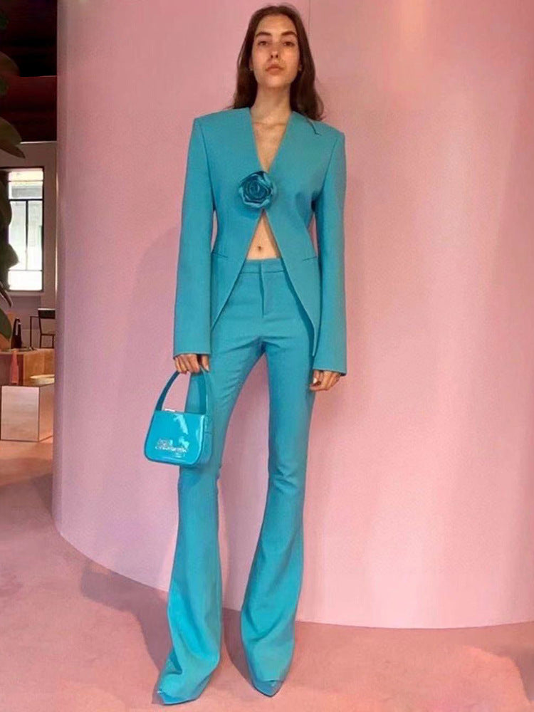 Women Pants Suit Blue 3D Flower Fitted Blazer + Flare Trousers Pants Suit