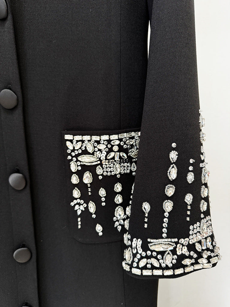 Women Maxi Fishtail Dress Gown Black with Luxury Hand Sewn Diamonds Jewellery