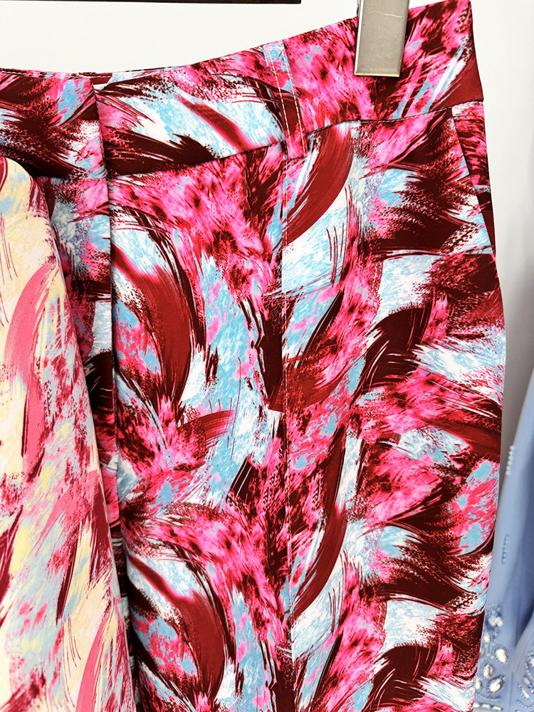 Women's Hot Pink Feather Floral 3/4 Sleeves  Jacket + Flare Trousers Pants Suit