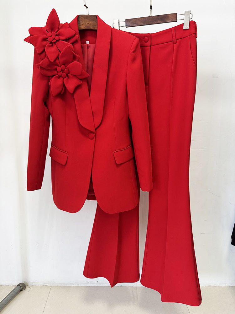 Red Women’s 2-Piece Suit – 3D Floral Blazer Jacket & Flared Trousers Pants Suit