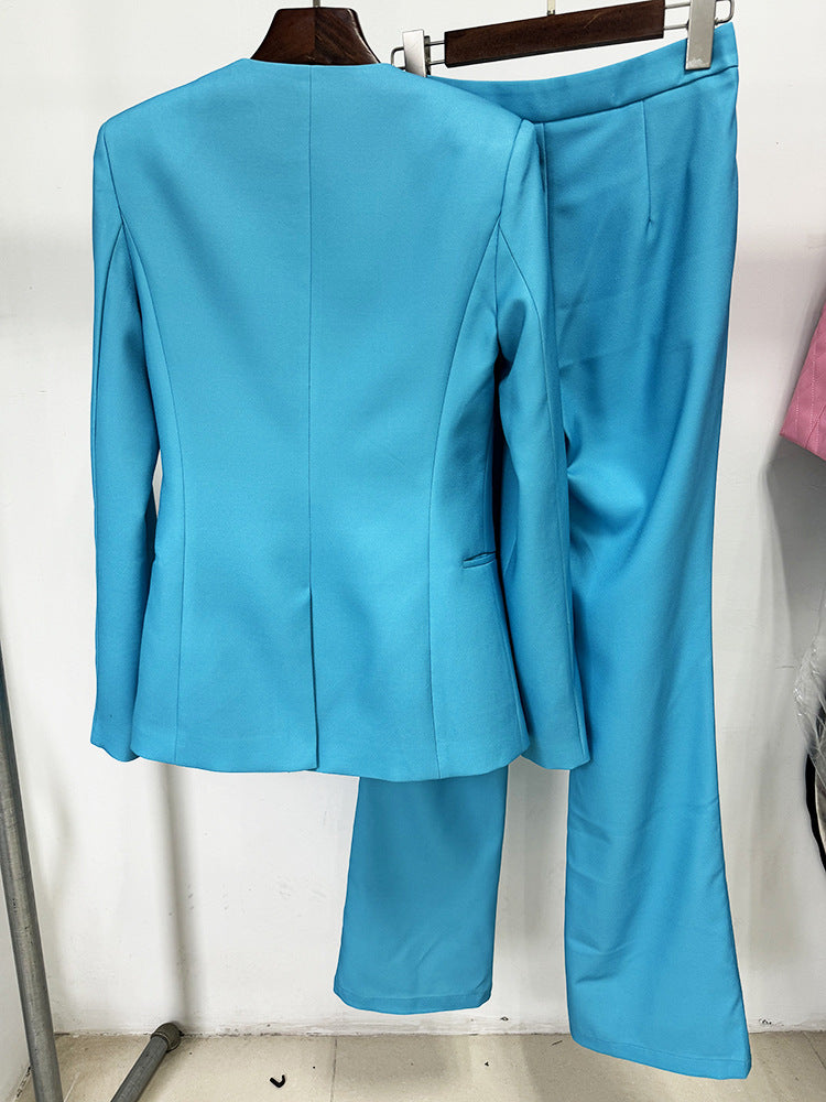 Women Pants Suit Blue 3D Flower Fitted Blazer + Flare Trousers Pants Suit