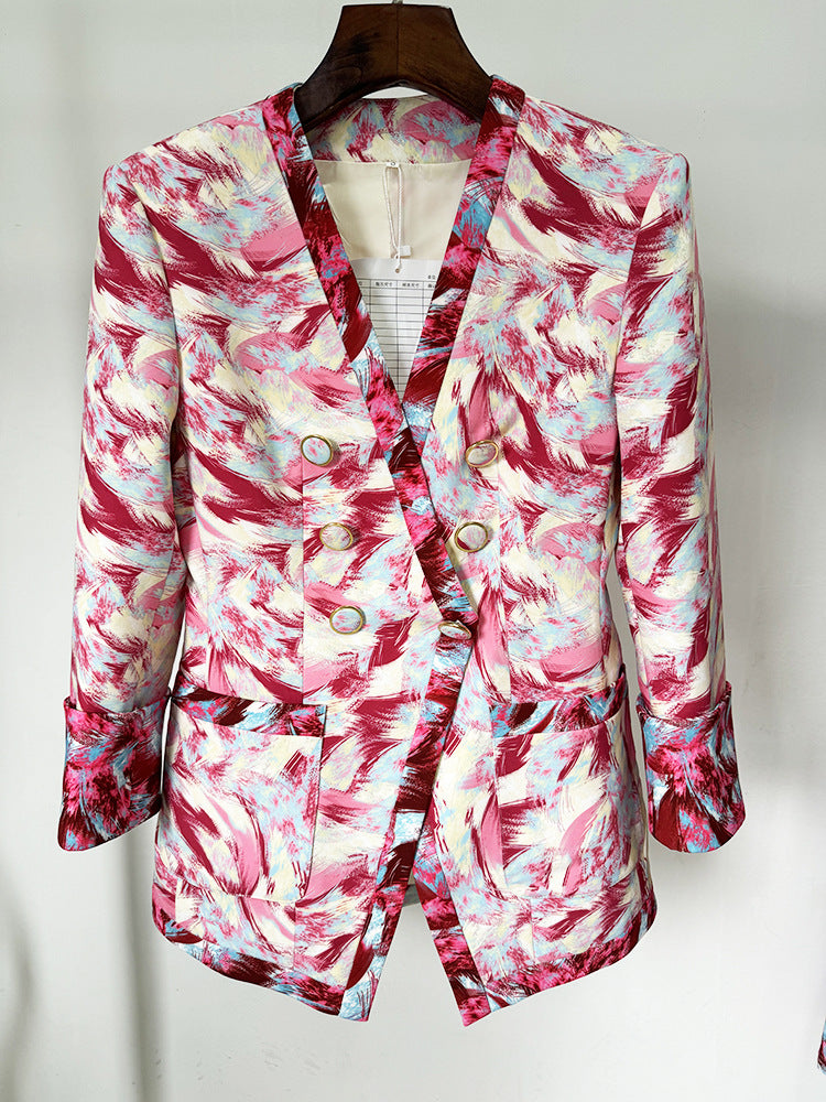 Women's Hot Pink Feather Floral 3/4 Sleeves  Jacket + Flare Trousers Pants Suit
