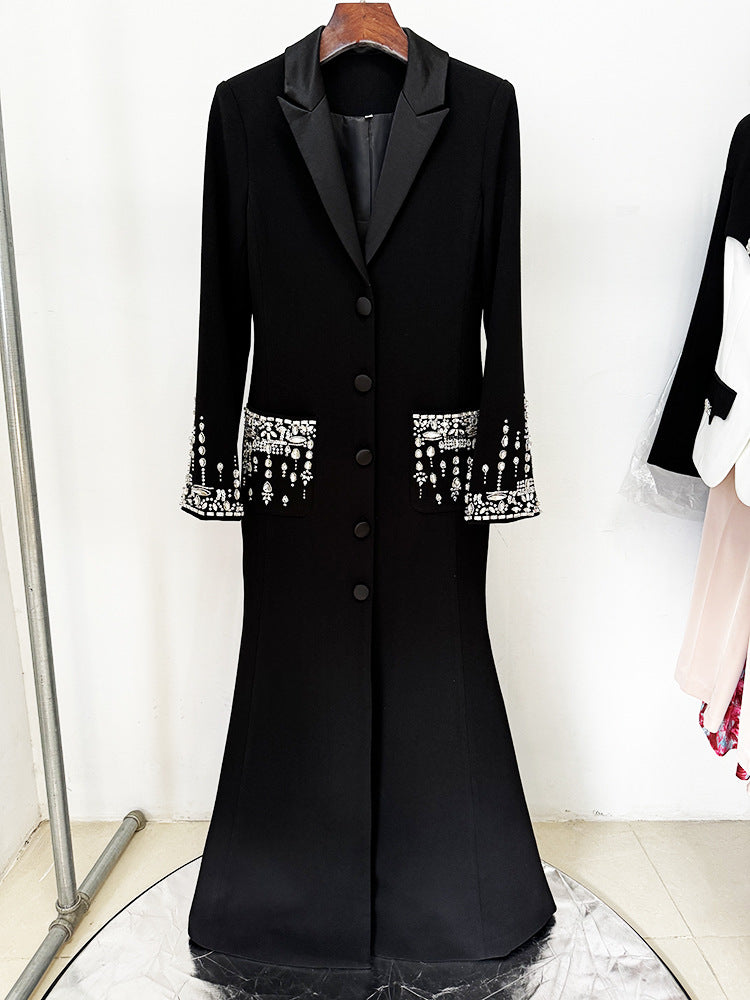 Women Maxi Fishtail Dress Gown Black with Luxury Hand Sewn Diamonds Jewellery
