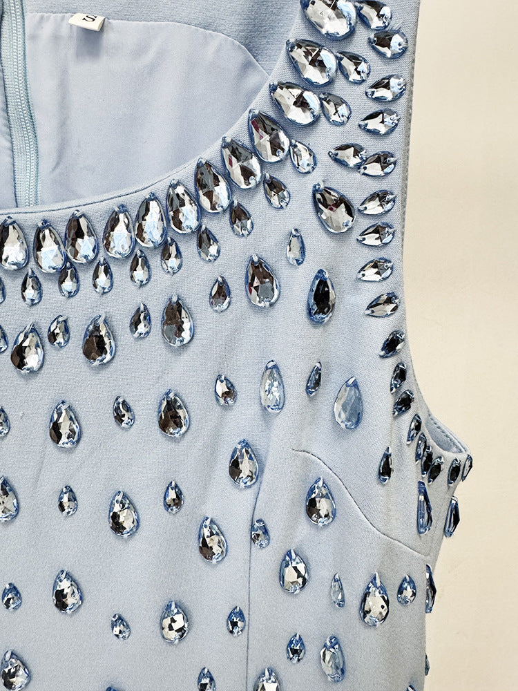 Blue Beaded Rhinestone Bodycon Maxi Dress Sleeveless Gown