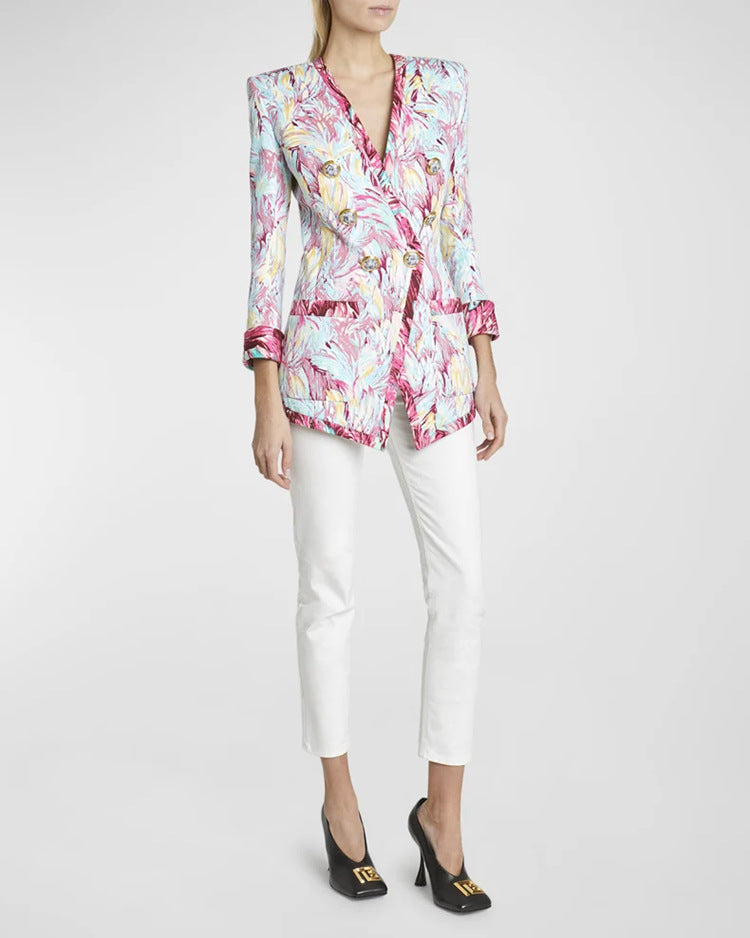 Women's Hot Pink Feather Floral 3/4 Sleeves  Jacket + Flare Trousers Pants Suit