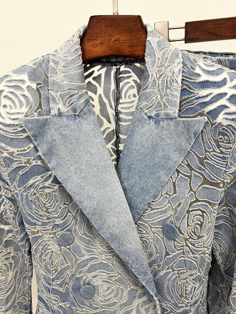 Women’s Floral Denim Suit Set – Vintage Rose Embossed Blazer & Wide Leg Pants Matching Set | Elegant Two Piece Denim Outfit