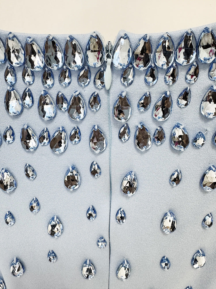 Blue Beaded Rhinestone Bodycon Maxi Dress Sleeveless Gown