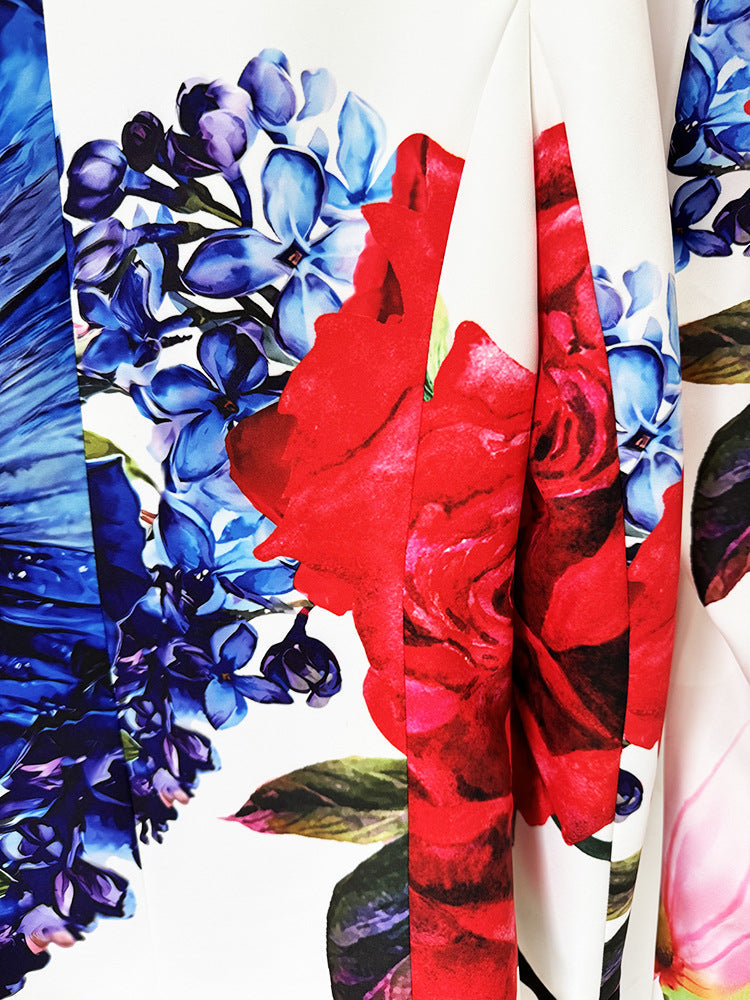 Women Multi-Color Flowers Pants Suit Fitted Blazer + Flare Trousers