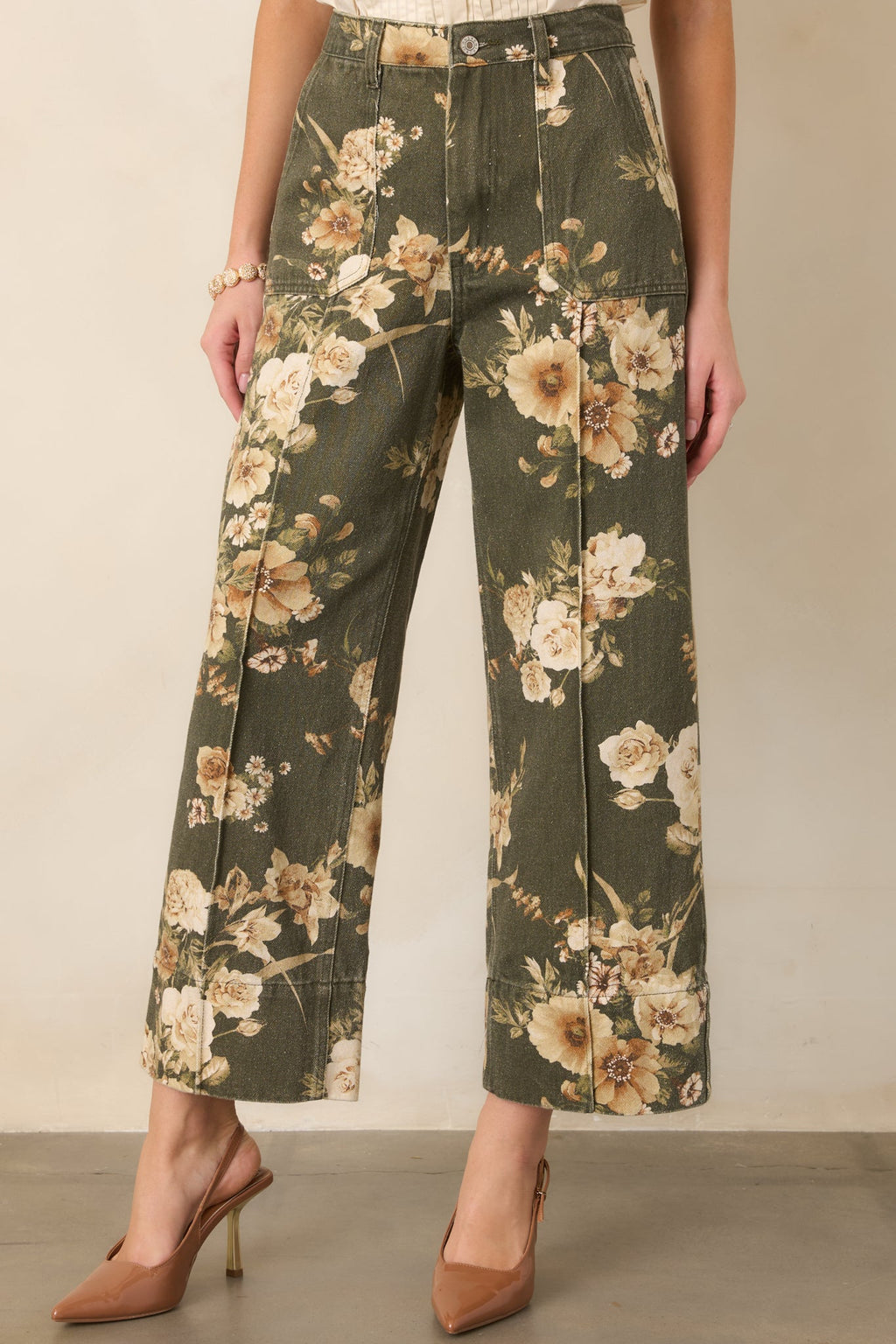 Naturally Speaking Olive & Ivory Floral Cotton Wide Leg Pants