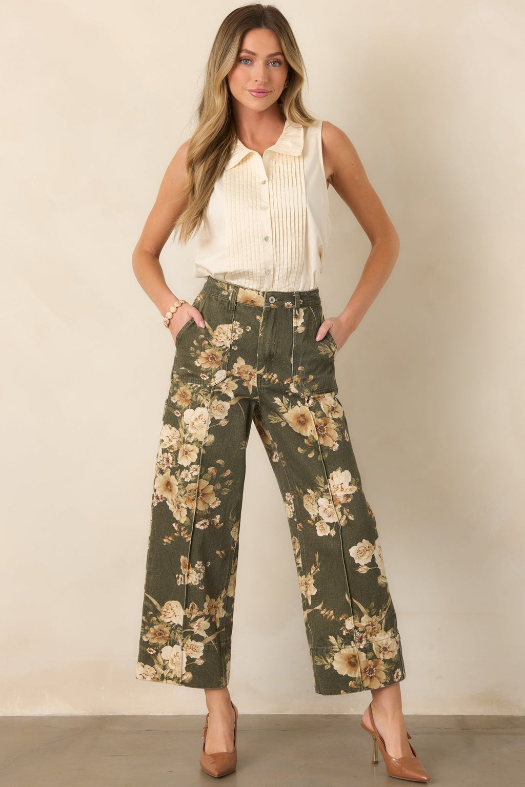 Naturally Speaking Olive & Ivory Floral Cotton Wide Leg Pants