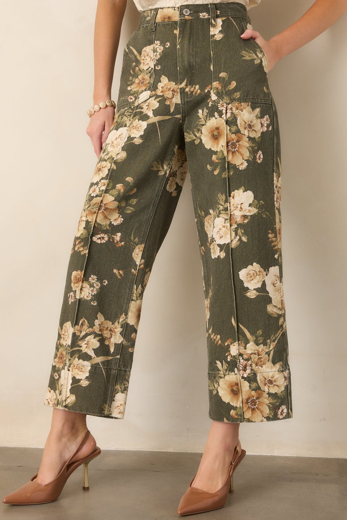 Naturally Speaking Olive & Ivory Floral Cotton Wide Leg Pants