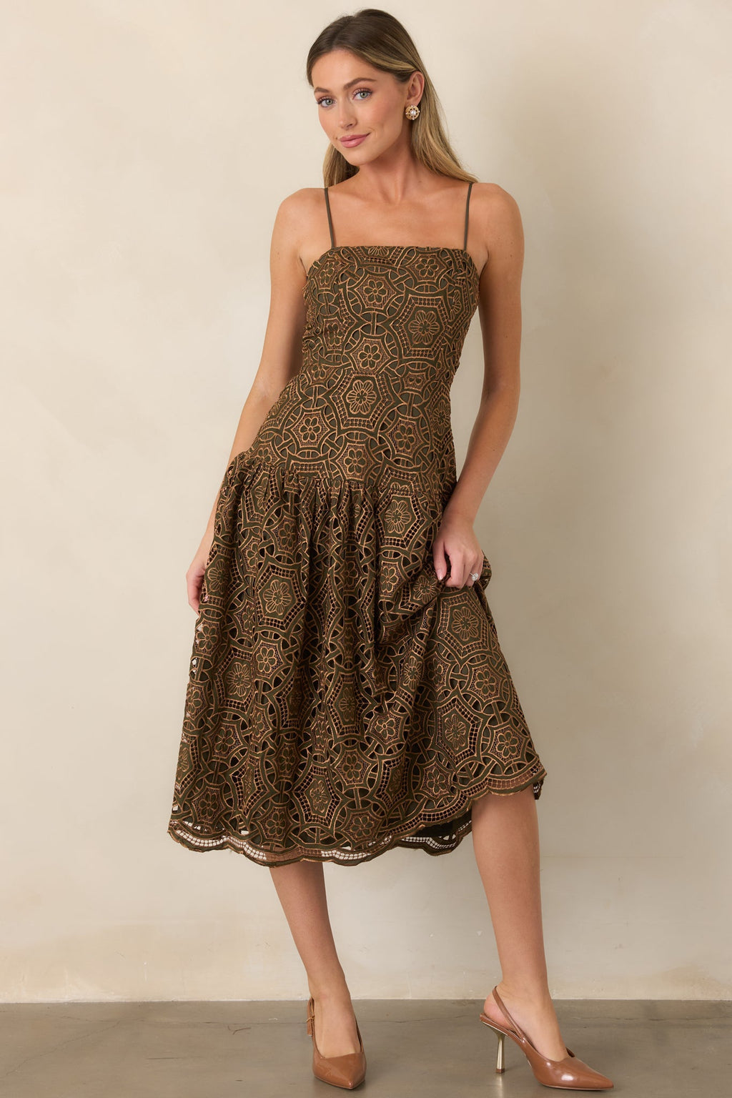 Save the Date Olive & Gold Metallic Lace Midi Dress