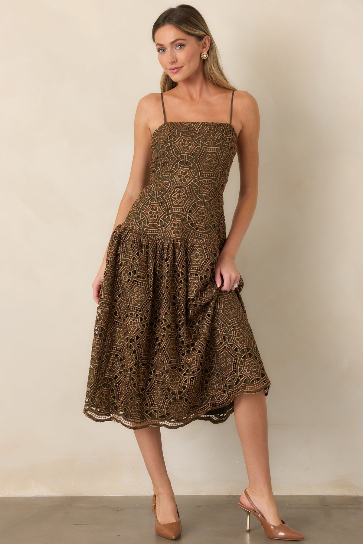 Save the Date Olive & Gold Metallic Lace Midi Dress
