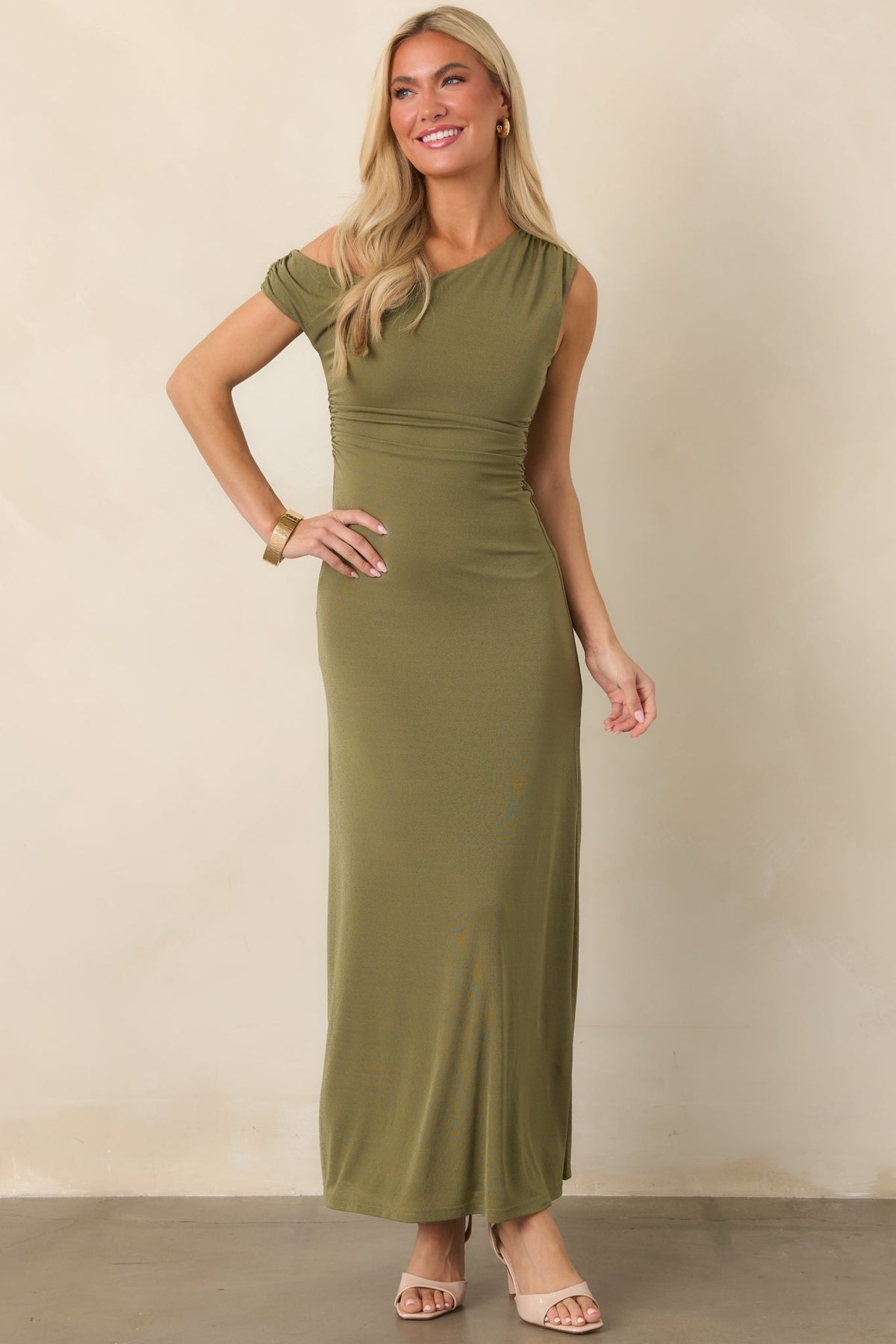 MINKPINK Aster Olive Green One Shoulder Mesh Midi Dress