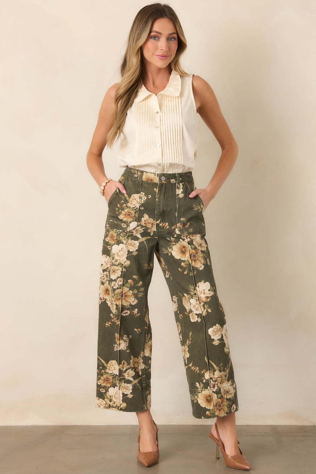 Naturally Speaking Olive & Ivory Floral Cotton Wide Leg Pants